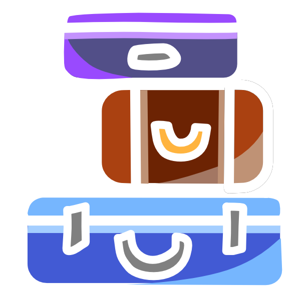 3 stacked suitcases, blue, brown, and purple, with white line art.